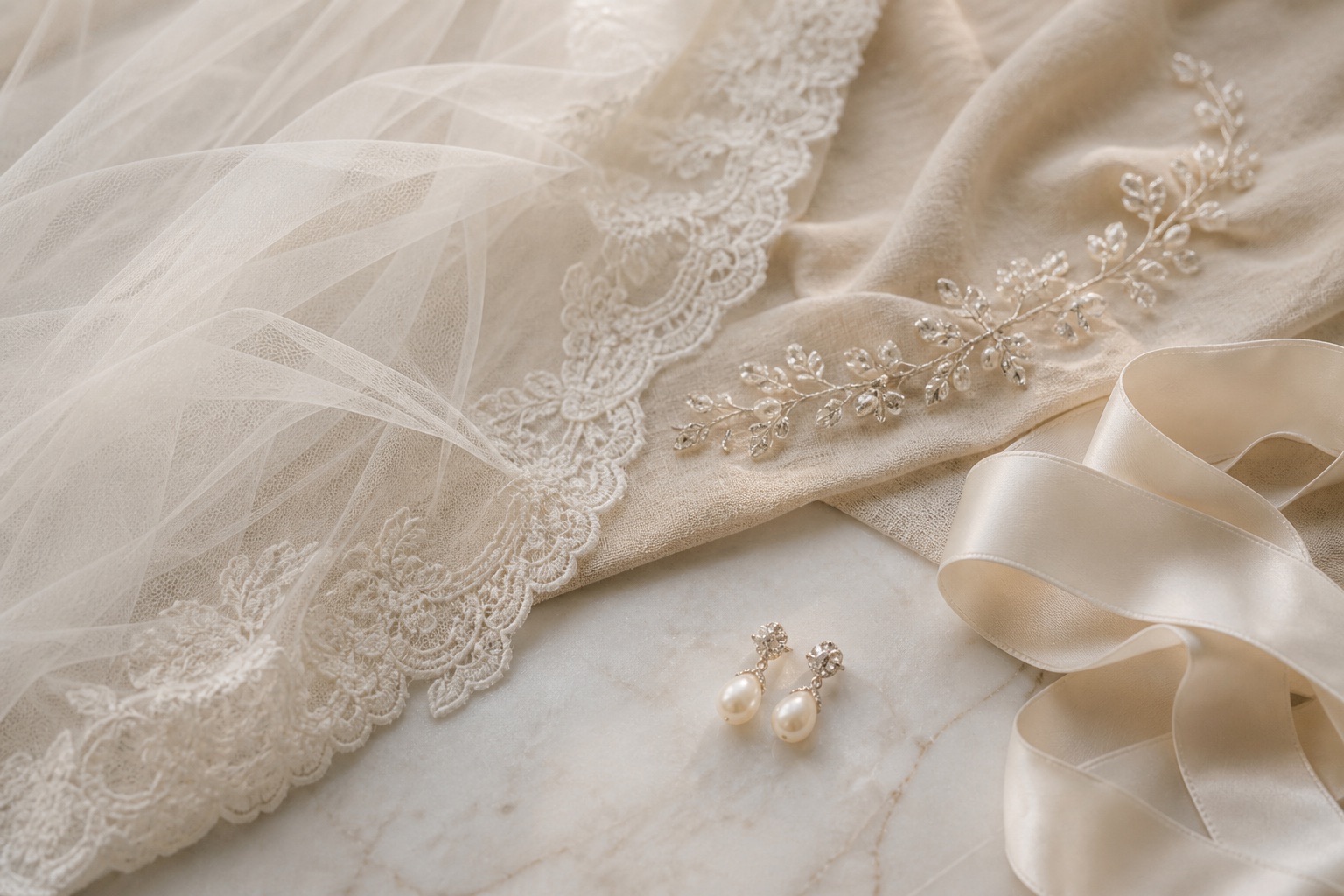 Ivory lace-edge veil, crystal hair vine, pearl earrings, and a satin sash on marble