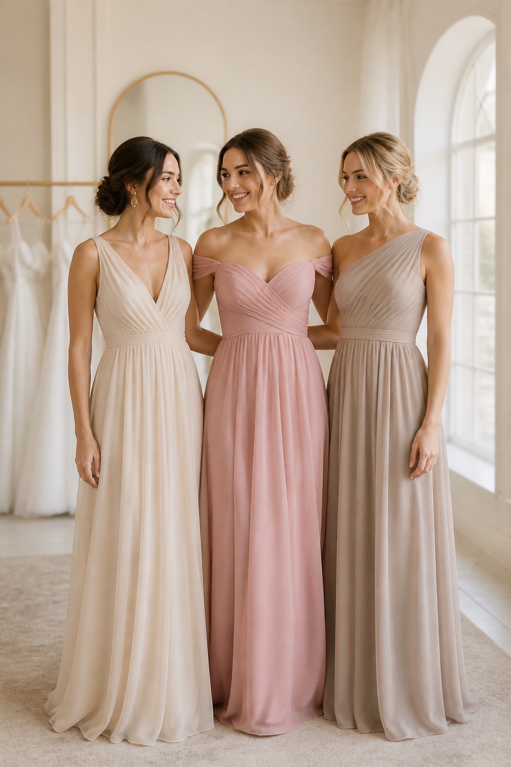 Three women in champagne, dusty rose, and taupe floor-length bridesmaid gowns