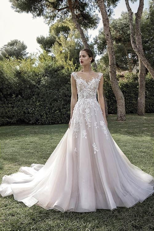 Lace bodice A-line gown photographed outdoors