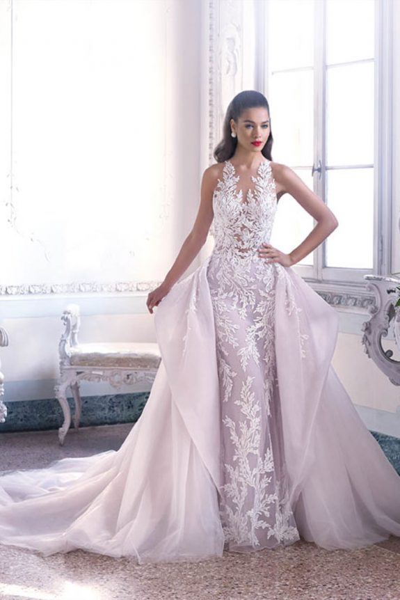 Illusion halter lace gown with a pale overskirt