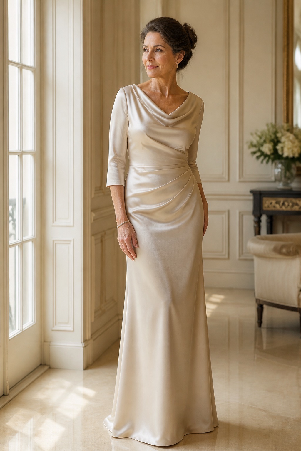 Woman in a champagne satin mother of the bride gown standing by a bright window